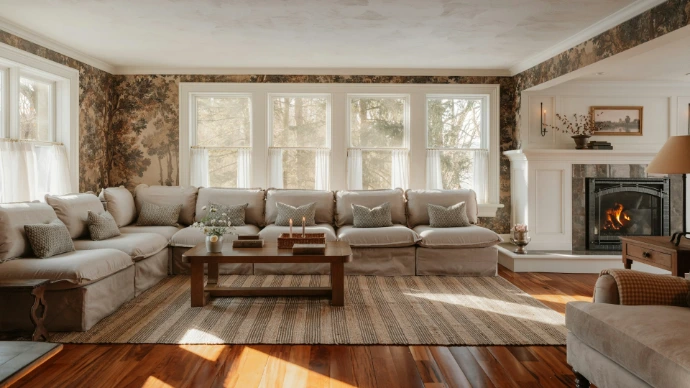 Classic living room featuring light-colored Roman shades on multiple windows, adding soft natural light, privacy, and timeless elegance to a traditional interior.
