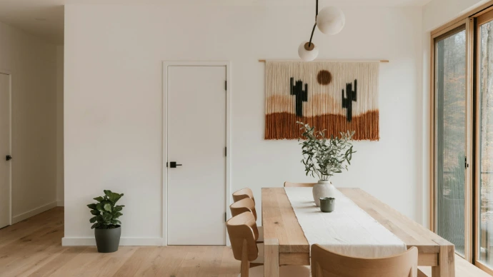 Bright minimalist dining room with natural wood furnishings and large glass doors, showcasing a clean interior ideal for subtle, energy-efficient cellular shades.