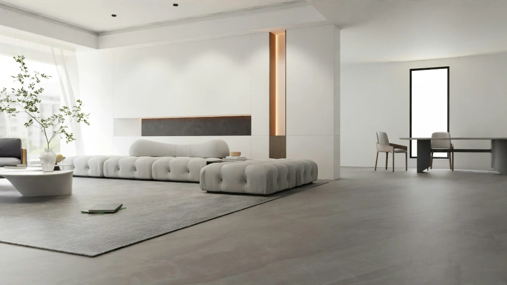 Bright minimalist living room with modern furnishings and large windows, showcasing how custom banded shades complement clean lines and contemporary interior design.