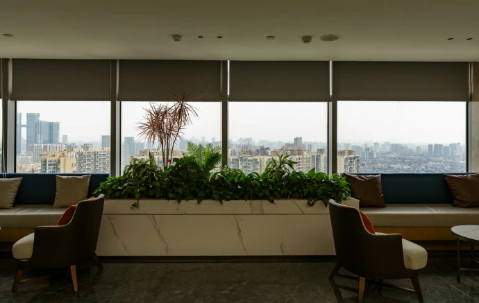 Motorized roller shades installed across large commercial windows, providing convenient light control, reduced glare, and a modern interior design.