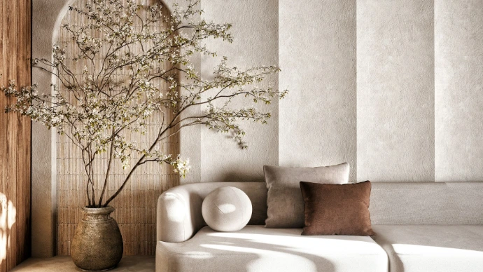 Warm, inviting living room with natural wood textures, neutral furnishings, and layered decor, showcasing how woven wood shades complement organic interior design.