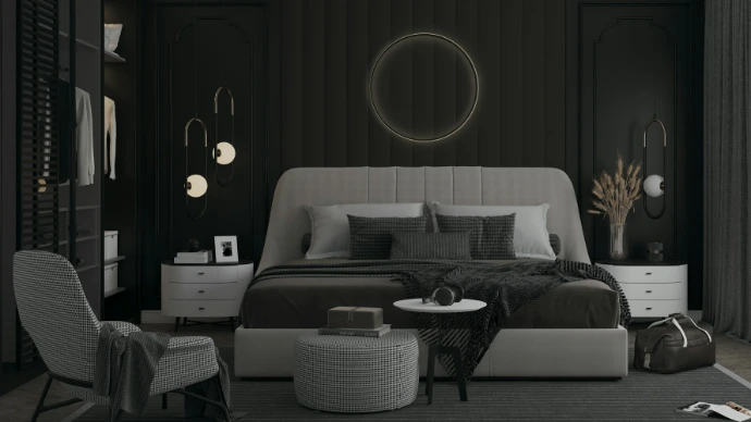 Modern bedroom with dark walls and elegant furnishings, highlighting how blackout cellular shades can provide privacy, room darkening, and restful comfort.